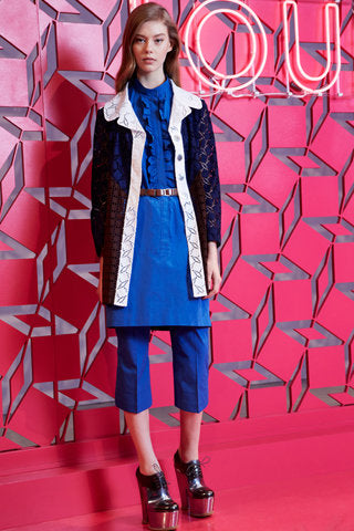 LOUIS VUITTON 2013 WHITE,NAVY BLUE & BROWN BROIDERY ANGLAISE LONG JACKET SIZE 36 UK 10