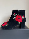 KATE SPADE BLACK SUEDE & RED EMBROIDERED POPPY ANKLE BOOTS SIZE 7/40