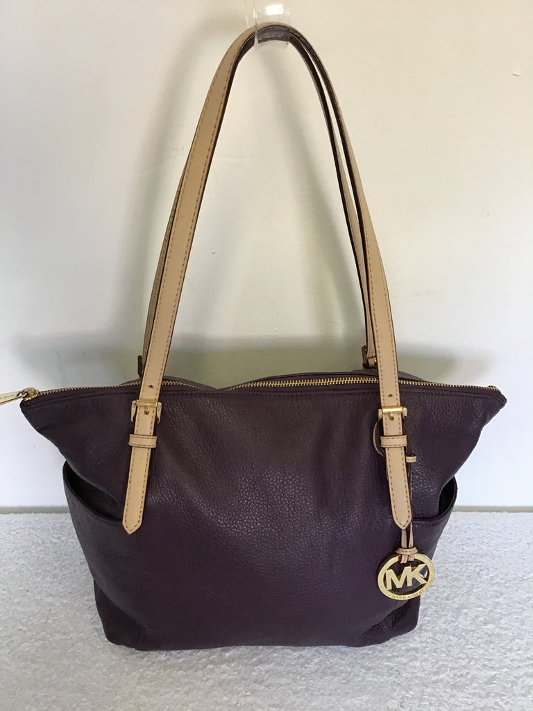 MICHAEL KORS AUBERGINE BEIGE STRAPS LEATHER TOTE BAG Whispers