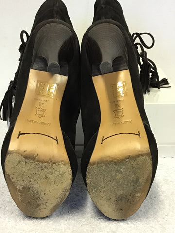 KAREN MILLEN DARK BROWN SUEDE TASSEL TRIM CALF LENGTH BOOTS SIZE 5/38