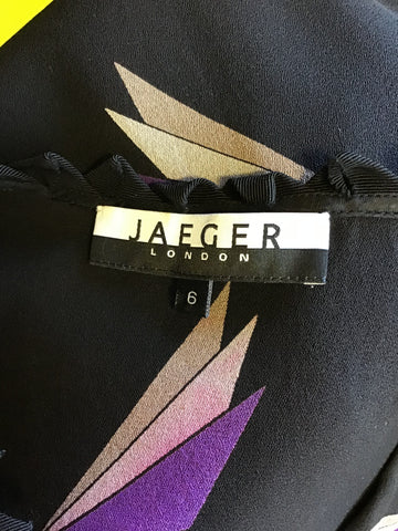 JAEGER BLACK WITH PURPLE & BEIGE PRINT SILK SHIFT DRESS SIZE 6/8