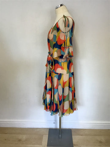 JAEGER MULTI COLOURED SPOTTED SILK COLD SHOULDER TIE BELT DRESS SIZE 14
