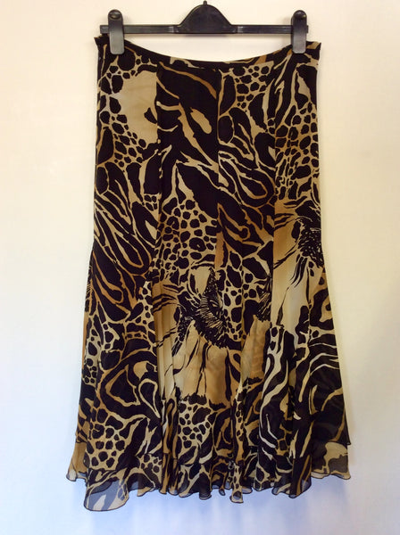 JAEGER BLACK & CAMEL PRINT SILK CALF LENGTH SKIRT SIZE 12