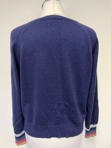 LUELLA BLUE METALLIC GLITTER LONG SLEEVE MULTI STRIPE CUFF JUMPER SIZE L