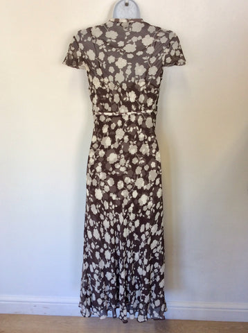 HOBBS BROWN & WHITE FLORAL PRINT BEADED TRIM SILK SPECIAL OCCASION DRESS SIZE 8