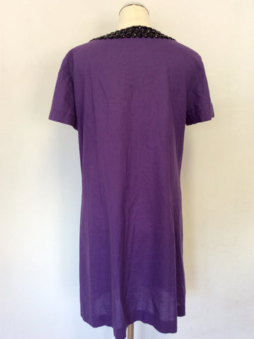 JAEGER PURPLE COTTON & BLACK BEAD EMBELLISHMENT SHIFT DRESS SIZE 12