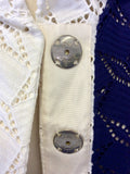 LOUIS VUITTON 2013 WHITE,NAVY BLUE & BROWN BROIDERY ANGLAISE LONG JACKET SIZE 36 UK 10