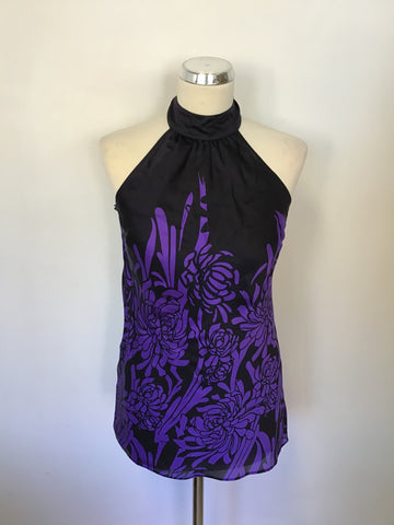COAST BLACK &. PURPLE FLORAL PRINT SILK HALTER NECK TOP SIZE 12
