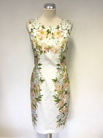 HOBBS WHITE & PALE PINK FLORAL PRINT PENCIL DRESS & MATCHING BOLERO CARDIGAN SIZE 10