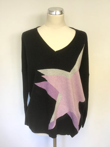 MINT VELVET BLACK WITH SILVER & PINK STAR TRIM LONG SLEEVE JUMPER SIZE M