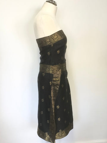 PAUL SMITH BLACK & GOLD SILK BLEND STRAPLESS WRAP ACROSS DRESS SIZE 40 UK 8