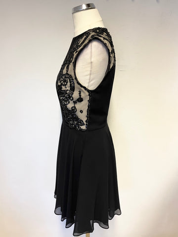 TED BAKER RUSSI BLACK & NUDE LINED MESH TRIM BEAD & SEQUIN TRIM FIT & FLARE DRESS SIZE 1 UK 8