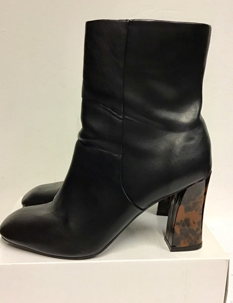 MARKS & SPENCER BLACK LEATHER & BROWN TORTOISE HEEL ANKLE BOOTS SIZE 7.5/40.5