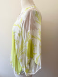 MARCCAIN WHITE,BEIGE & LIME GREEN PRINT SILK FLOATY SLEEVE TOP SIZE 3 UK 12/14