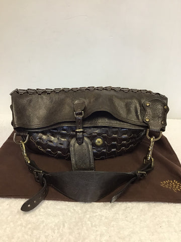 MULBERRY DARK BROWN LEATHER JULIE RIO WOVEN BODY SHOULDER BAG