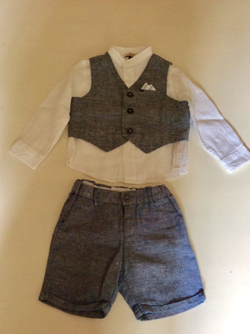 ARMANI BABY WHITE SHIRT & BLUE WAISTCOAT & SHORTS OUTFIT AGE 12 MONTHS