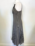TED BAKER GREY, IVORY & BLACK PRINT 100% SILK STRAPPY DRESS SIZE 3 UK 12