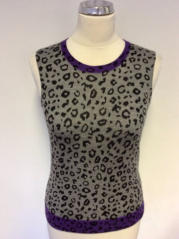 HOBBS GREY, BLACK & PURPLE PRINT SLEEVELESS WOOL JUMPER SIZE 10