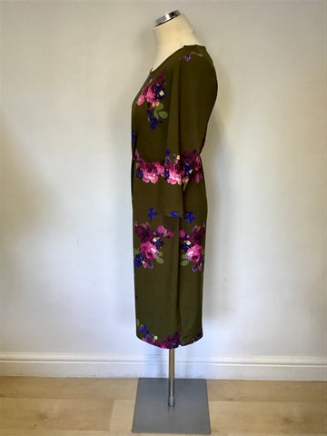 JOULES DARK GREEN FLORAL PRINT 3/4 SLEEVE PENCIL DRESS SIZE 10
