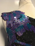 SERENADE BLACK SILK WITH PURPLE & GREEN SEQUINS COCKTAIL DRESS SIZE M