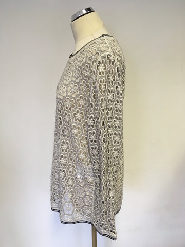 MARCCAIN LIGHT GREY OPEN CROCHET DESIGN LONG SLEEVE TOP SIZE N4 UK 12/16
