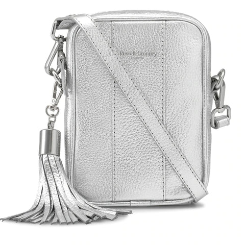 RUSSELL & BROMLEY SILVER METALLIC ROWLOW LEATHER CROSS BODY BAG