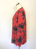 JOULES RED FLORAL PRINT LONG SLEEVE TUNIC TOP SIZE 16