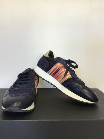 PAUL SMITH NAVY BLUE SUEDE & LEATHER MULTI COLOURED STRIPE TRAINERS SIZE 6/39