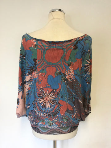 CUSTO TURQUOISE & MULTI COLOURED PRINT FINE KNIT BATWING JUMPER TOP SIZE S
