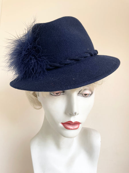 UNBRANDED NAVY BLUE WOOL HAND TRIMMED TRILBY HAT