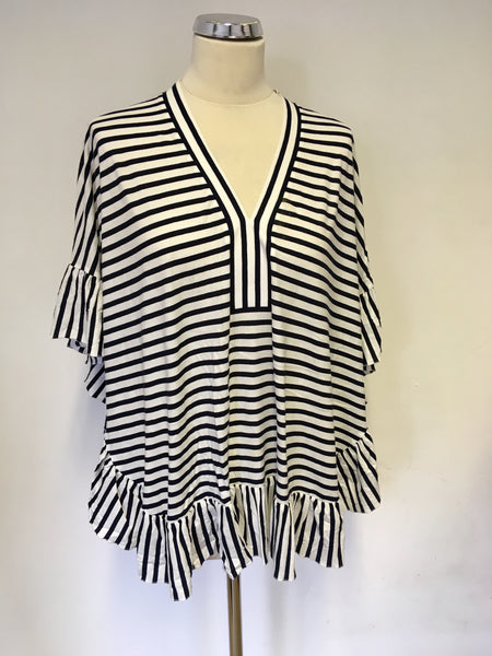 MARCCAIN BLACK & WHITE STRIPE PONCHO STYLE FRILL EDGE TOP SIZE N2 FIT UK 12-16