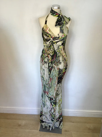 KAREN MILLEN MULTI COLOURED HALTERNECK PRINT MAXI DRESS SIZE 10