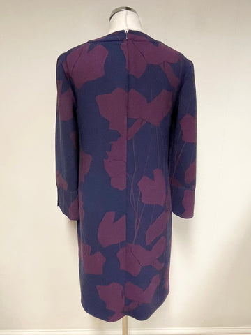 HOBBS NAVY & BURGUNDY PRINT LONG SLEEVE SHIFT DRESS SIZE 10
