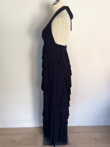 BETSY & ADAM BYLINDA BERNELL NAVY BLUE LONG FRILL TRIM EVENING DRESS SIZE 10