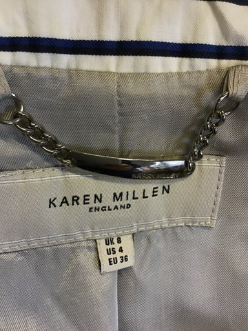 KAREN MILLEN WHITE WITH BLUE & BLACK STRIPE COTTON BLEND JACKET SIZE 8
