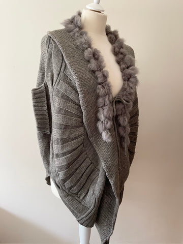 J STARS GREY RABBIT FUR TRIM TIE FRONT SHORT SLEEVE CARDIGAN ONE SIZE