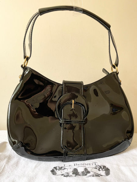LK BENNETT BLACK PATENT LEATHER BUCKLE TRIM SHOULDER BAG
