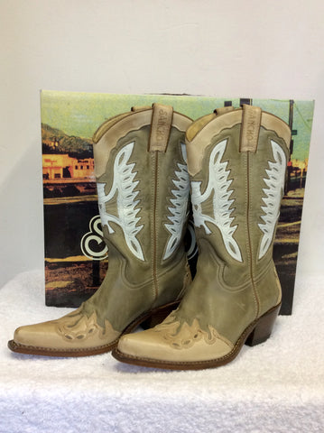 SANCHO TUNDRA DESERT,BEIGE & WHITE LEATHER COWBOY BOOTS SIZE 5/38