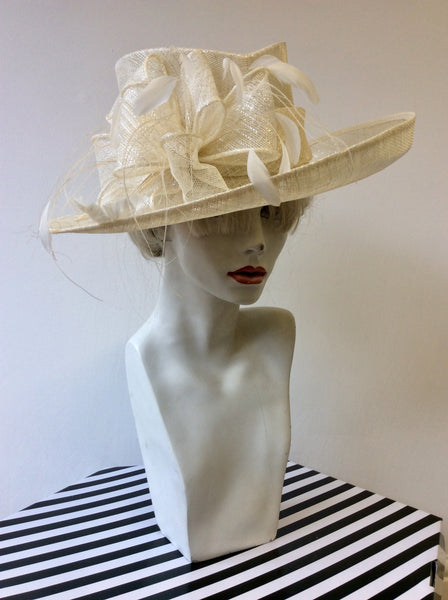 EMMA B BY BALFOUR HATS IVORY & WHITE FEATHER TRIM FORMAL HAT