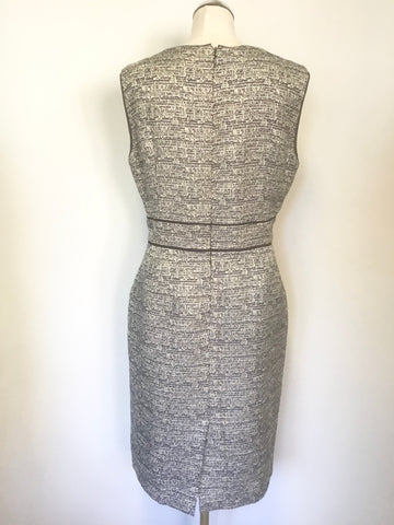 JAEGER NAVY BLUE,IVORY & SILVER WEAVE SLEEVELESS PENCIL DRESS SIZE 16