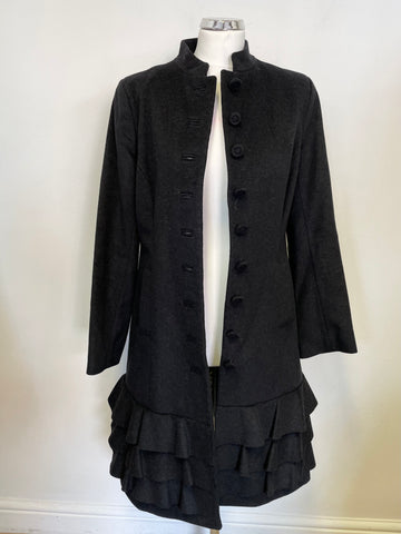 PETER O BRIEN CHARCOAL WOOL & CASHMERE FRILLED TIER TRIM FITTED SINEAD COAT SIZE 10