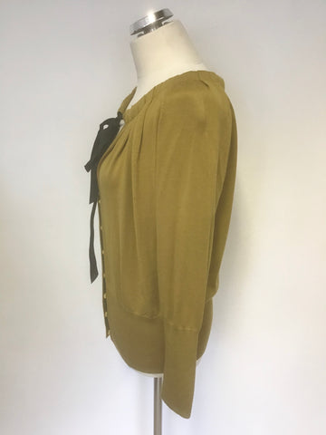 ELIE TAHARI MUSTARD TIE FRONT LONG SLEEVE MERINO WOOL CARDIGAN SIZE L