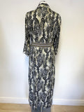 K DESIGN GREEN,BLACK & WHITE PRINT STRETCH JERSEY 3/4 SLEEVE BELTED MIDI SHIRT DRESS SIZE L