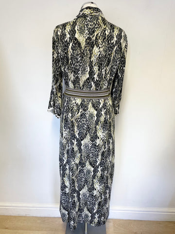 K DESIGN GREEN,BLACK & WHITE PRINT STRETCH JERSEY 3/4 SLEEVE BELTED MIDI SHIRT DRESS SIZE L