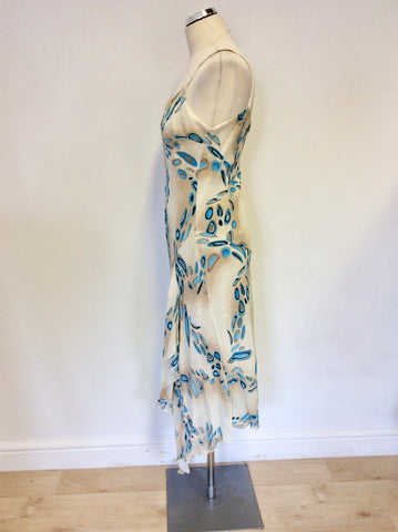 SATSUMA CREAM & TURQUOISE PRINT SLEEVELESS DRESS & MATCHING WRAP AROUND TOP SIZE 12