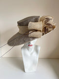 MARKS & SPENCER AUTOGRAPH NEUTRAL BROWN & CREAM BOW & FEATHER TRIM FORMAL HAT