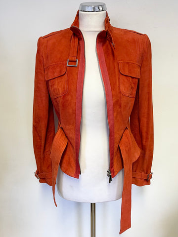 KAREN MILLEN BURNT ORANGE SUEDE ZIP UP BELTED JACKET SIZE 10