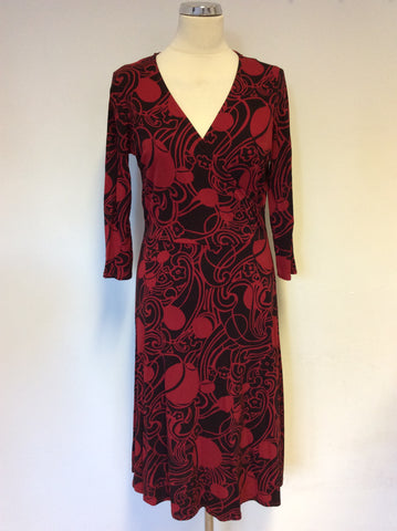 PHASE EIGHT RED & BLACK PRINT 3/4 SLEEVE WRAP DRESS SIZE 12