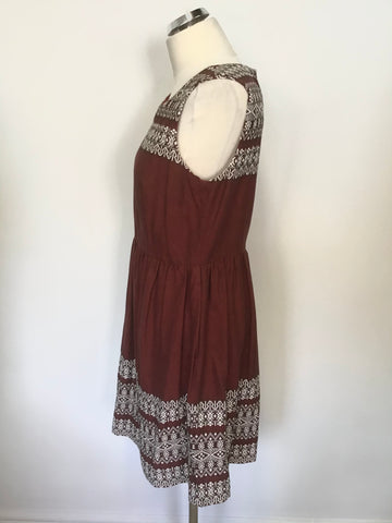 HOBBS NW3 TERRACOTTA & WHITE EMBROIDERED SLEEVELESS FIT & FLARE DRESS SIZE 12
