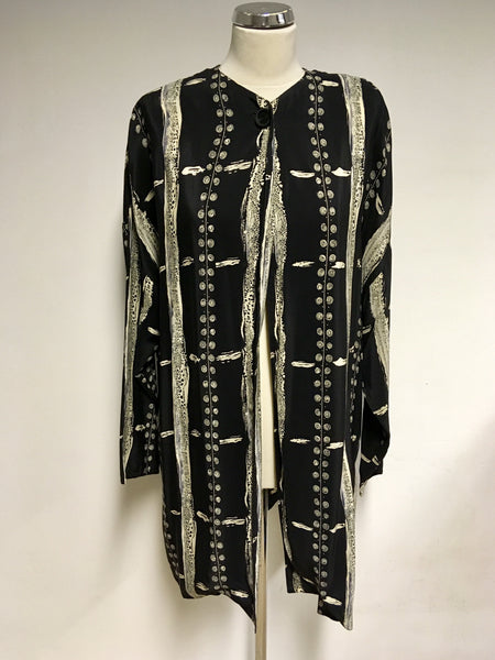JAEGER BLACK & CREAM SILK PRINT LONG OVER BLOUSE SIZE L